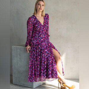 Lavender Brown Maxine Maxi Wrap Dress, Fuschia/Navy Multi